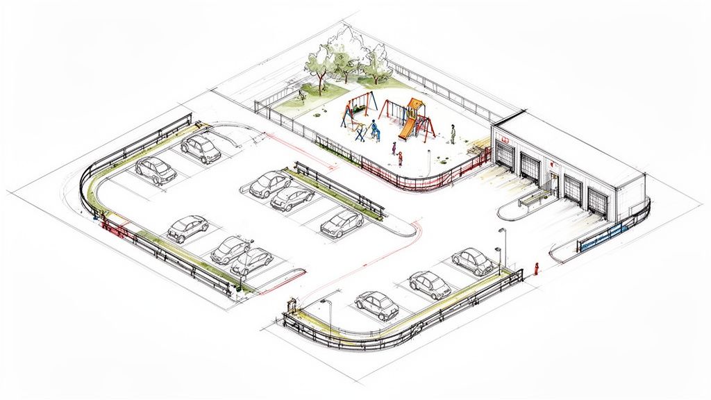 Isometrisk skiss av ett område med parkeringsplatser, en lekplats och en byggnad med garageportar.