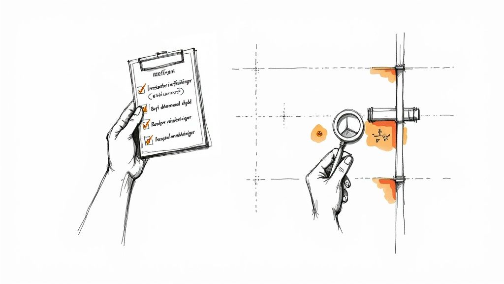 Två illustrationer visar en hand som håller en checklista med utförda uppgifter och en hand som inspekterar rör med förstoringsglas.