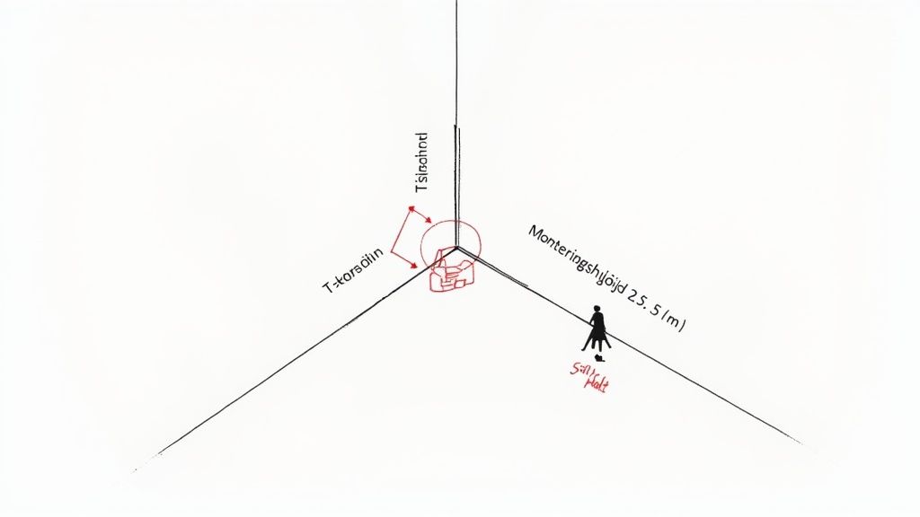 Schematisk 3D-vy som visar tre axlar med ett objekt i mitten, en figur och text för monteringshöjd.