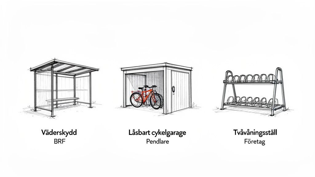 Illustrationer av tre olika cykelförvaringslösningar: väderskydd, låsbart cykelgarage och ett tvåvånings cykelställ.