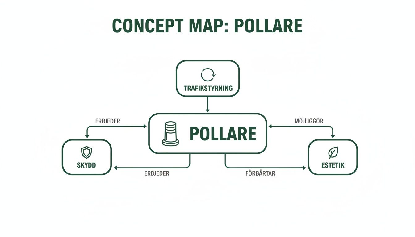 Konceptkarta som illustrerar en pollare och dess kopplingar till trafikstyrning, skydd och estetik.