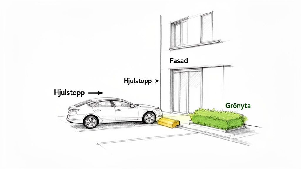 En bil parkerad med ett hjulstopp framför fasaden och en grönyta intill.