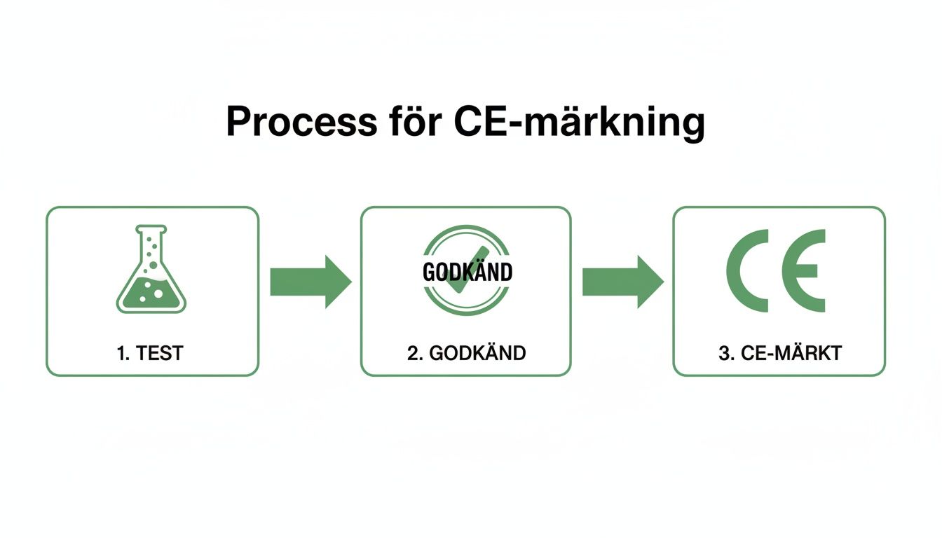 Process för CE-märkning illustrerad med ikoner för test, godkännande och CE-märkning.