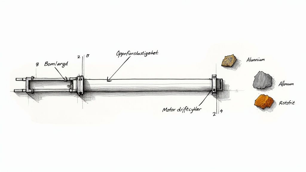 Teknisk skiss av en mekanisk cylinder med märkningar för bomlängd, hastighet och driftcykler, samt materialprover.