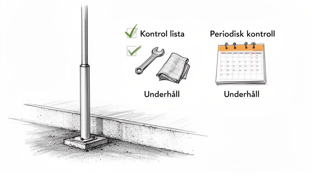 Illustration av en stolpe vid trottoarkant, med ikoner för underhållsåtgärder som checklistor, verktyg och periodiska kontroller.