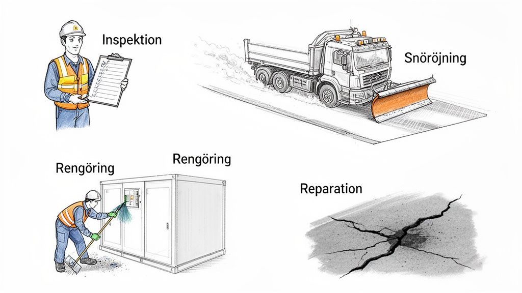Illustration som visar olika underhållstjänster: inspektion, snöröjning, rengöring och reparation.