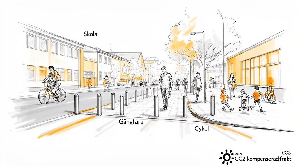 Illustration av stadsgata med människor som går och cyklar, bollards och en skolbyggnad. Vägen är uppdelad för fotgängare och cyklister.