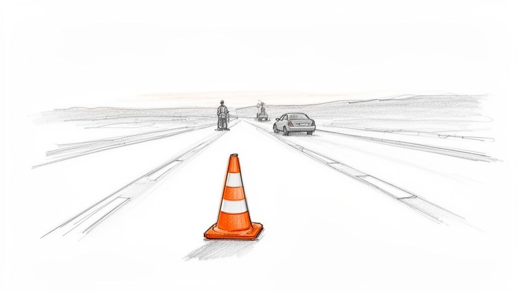 Drawing of a road with an orange traffic cone in the foreground, a worker and a car in the distance.