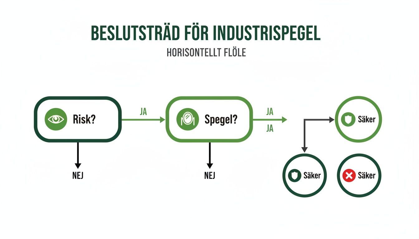 Beslutsträd för industrispegel med horisontellt flöde, frågar om risk och spegel, leder till olika säkerhetsutfall.