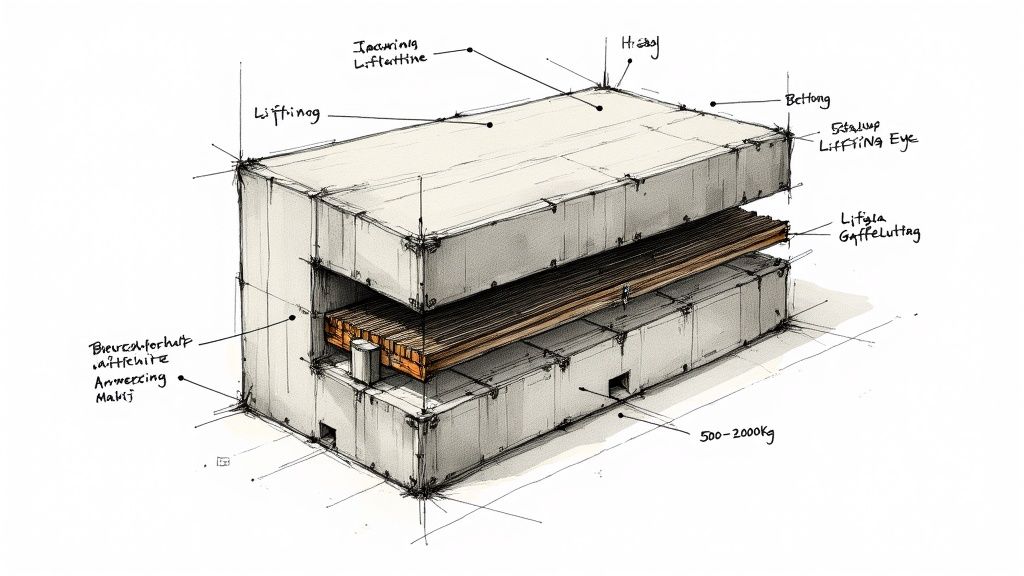 Detaljerad skiss av en betongsugga med lyftöglor, gaffelfickor och viktangivelser för användning.