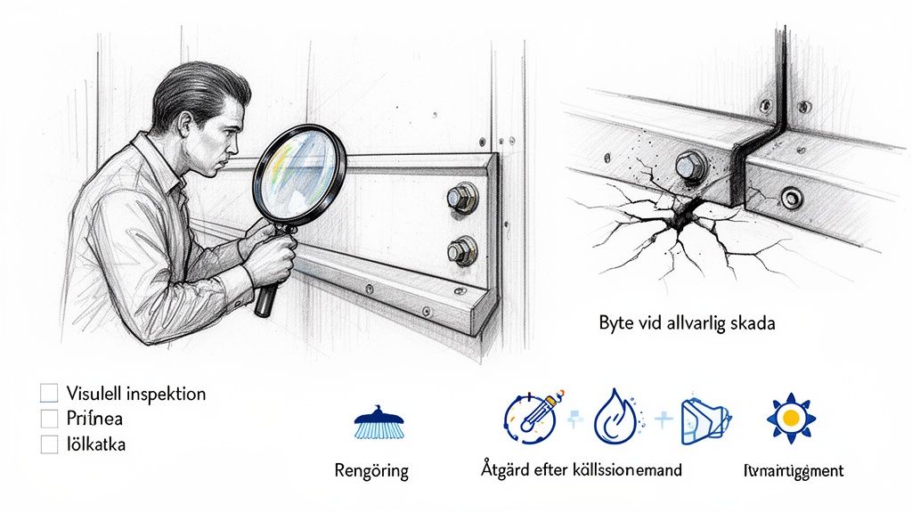 En man inspekterar en vägg med förstoringsglas, intill en sprucken konstruktion. Ikoner för visuell inspektion och underhållsåtgärder.