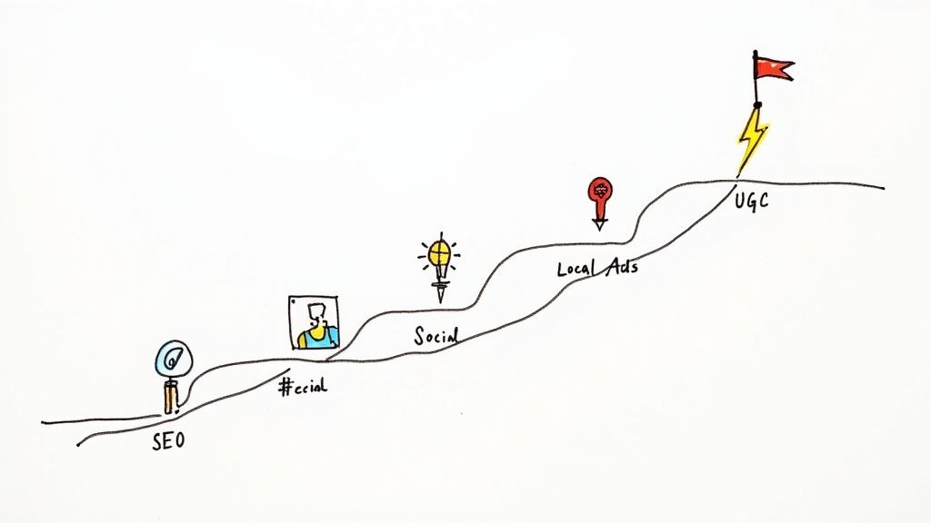 A chart showing a line graph trending upwards with various business icons, symbolizing growth strategies.