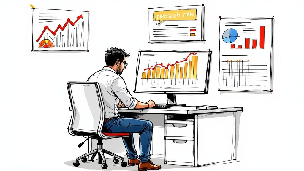 A marketer analyzing data on a laptop to calculate share of voice.