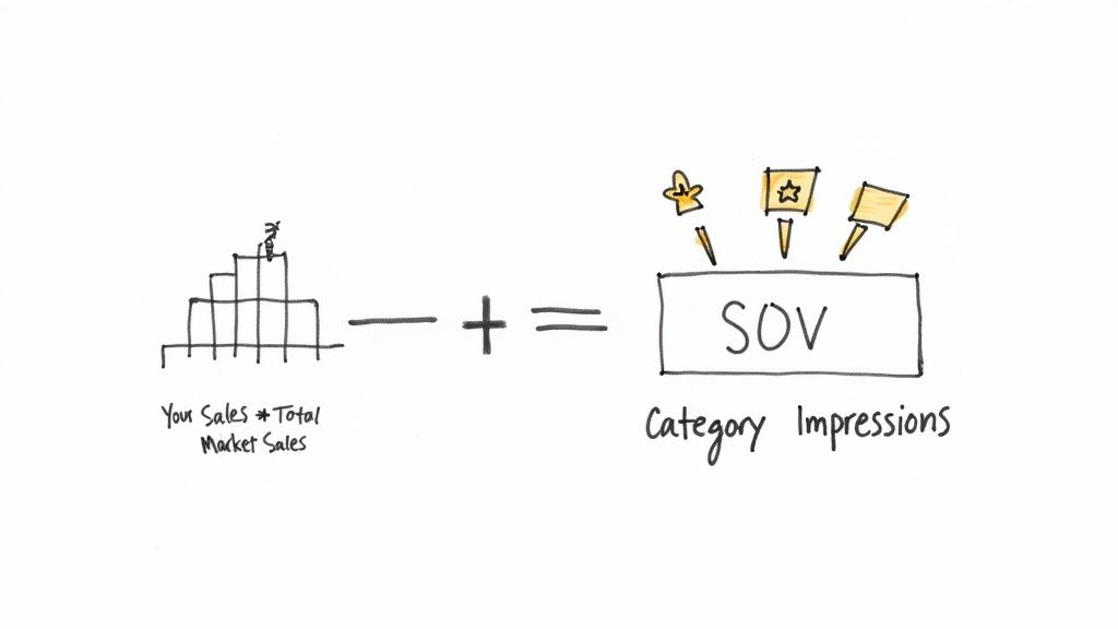 A whiteboard drawing illustrating the relationship between Share of Market (SOM) and Share of Voice (SOV) with a formula.