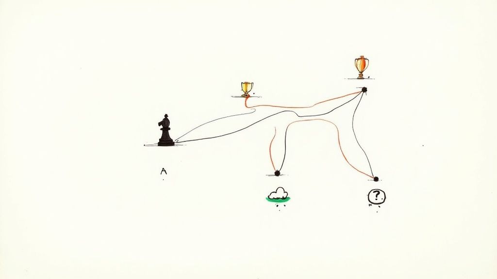 Diagram showing strategic paths from a chess piece to trophies with weather and question mark symbols, representing decision-making under uncertainty