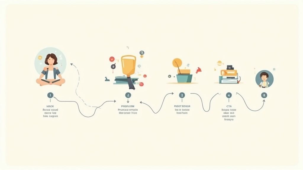Customer journey map showing five stages from brand awareness to call-to-action with illustrations