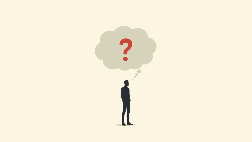 Silhouette of person standing with thought bubble containing question mark above head