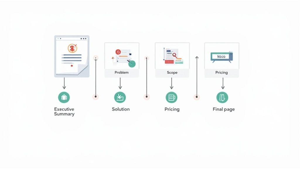 A professional working on structuring a business proposal document on a laptop.