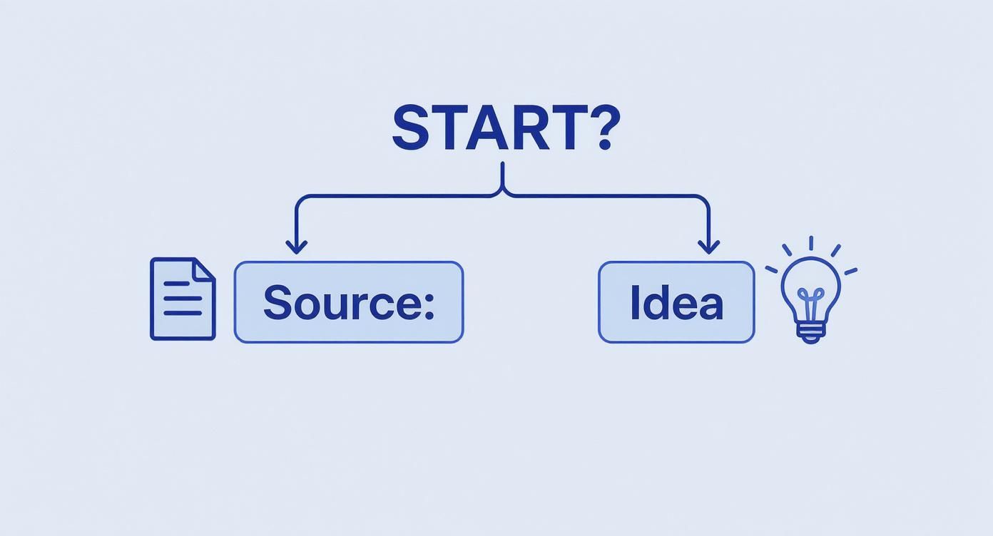 An infographic decision tree showing the two main inputs for AI presentation creation: starting from a document or starting from an idea.