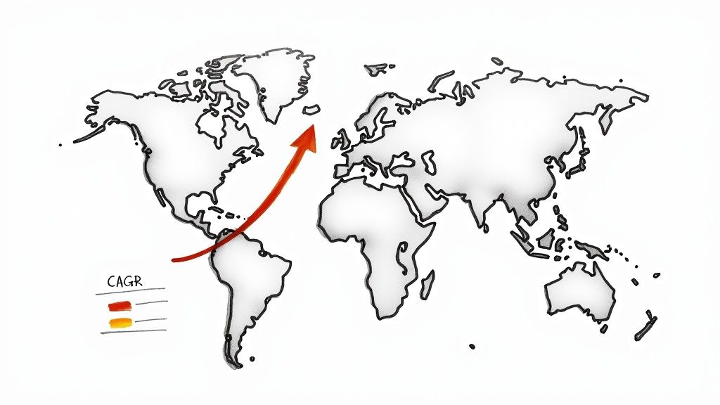A digital world map with glowing nodes and connecting lines, representing the global AI market's interconnected growth.