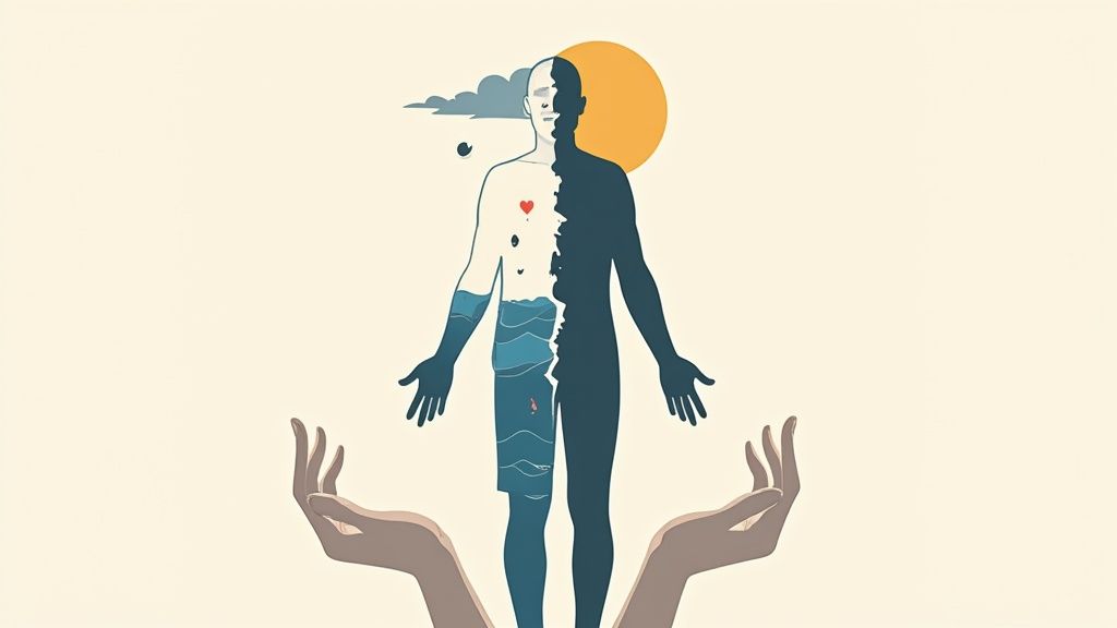 Split figure showing light and dark sides with heart symbol representing mental health balance