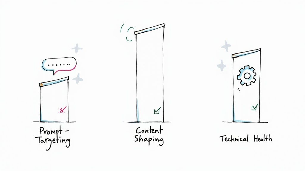 A tactical diagram showing interconnected nodes for prompt targeting, content shaping, and technical health, illustrating a strategic approach.