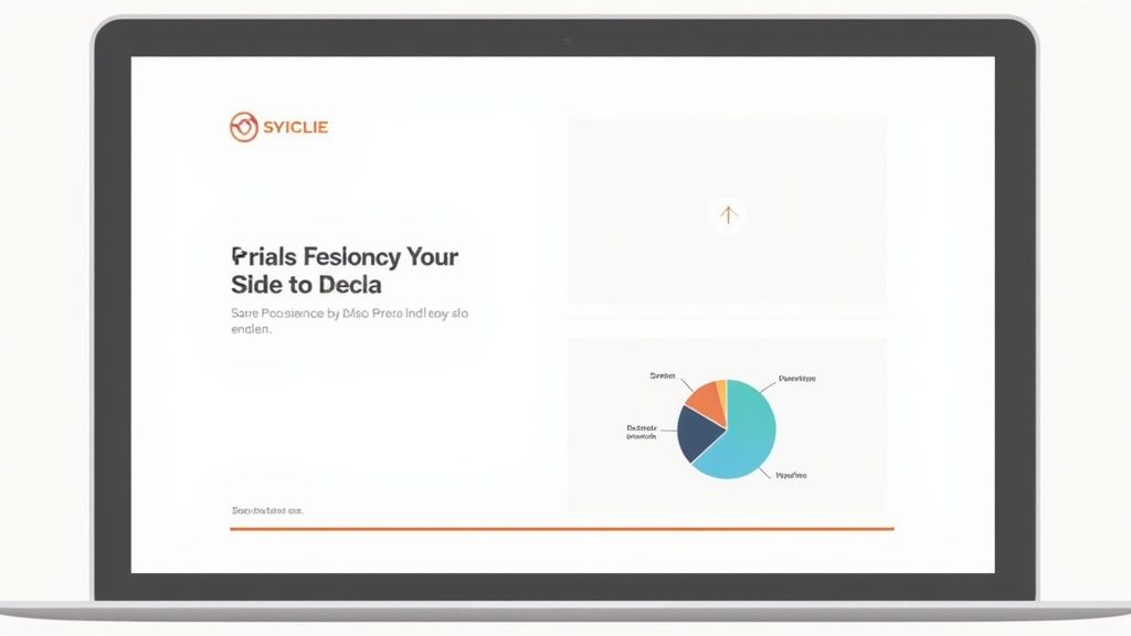 A laptop screen displaying a business presentation slide with a pie chart, text, and a company logo.