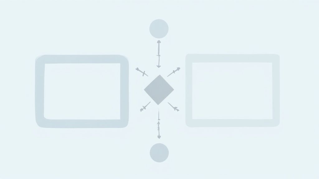 A minimalist light blue diagram illustrating a process with a central diamond, two rectangles, and two circles connected by arrows.