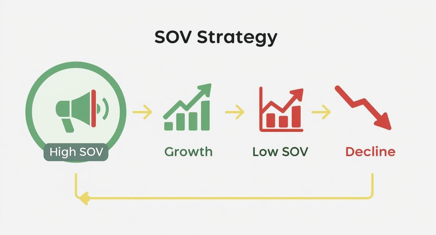Diagram illustrating the SOV strategy: High SOV leads to growth, while Low SOV results in decline.