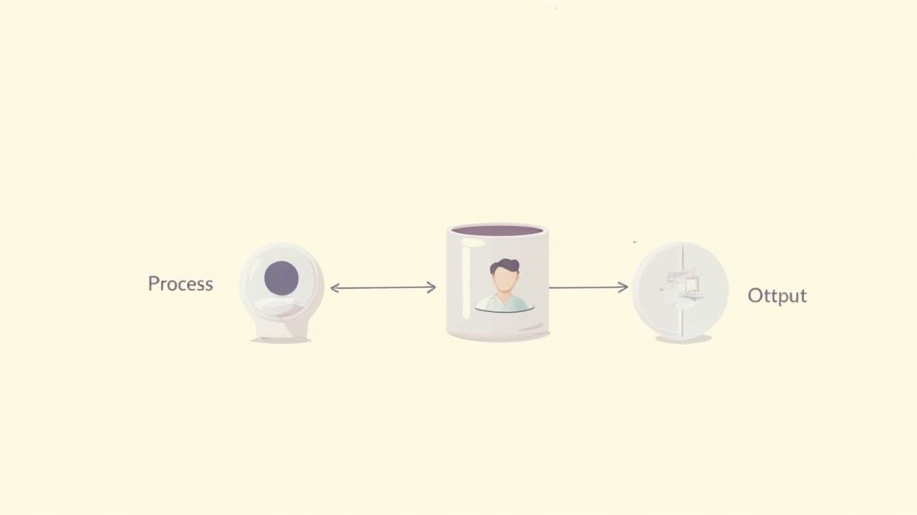 A simple diagram illustrates a workflow, including a process step, personal data storage, and output.