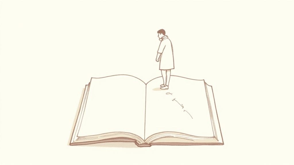 Miniature person standing on open book pages symbolizing journey through reading and learning