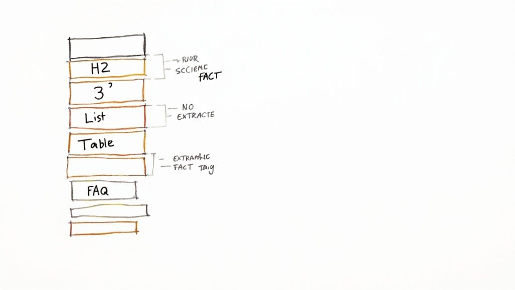 Illustration of content blocks being organized and consumed by an AI system, representing structured data.