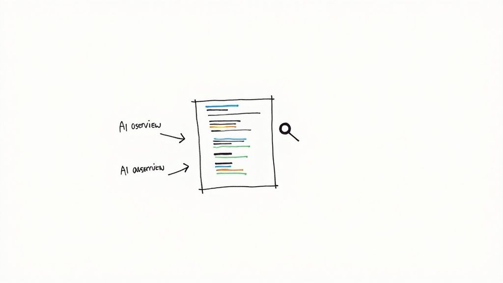 Document with highlighted text sections and magnifying glass showing AI overview search results