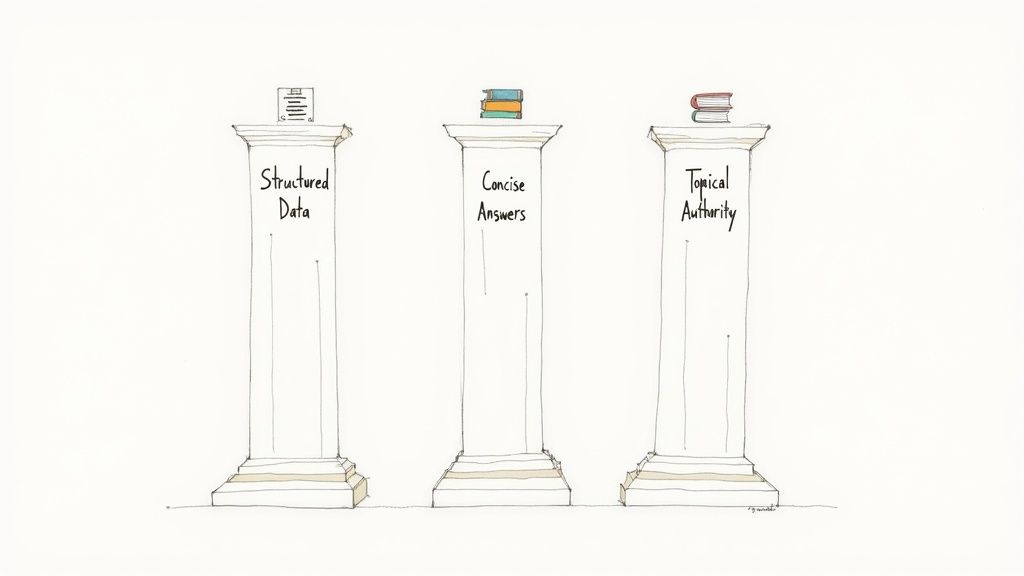 Three vertical pillars labeled with icons for data, content, and authority, representing the core of AEO.