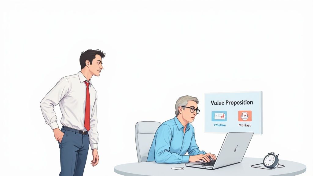 A person presenting a pitch deck on a large screen in a modern office.