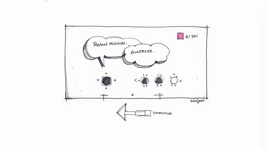 A hand-drawn sketch illustrating brand awareness, competitive positioning, and share of voice metrics.