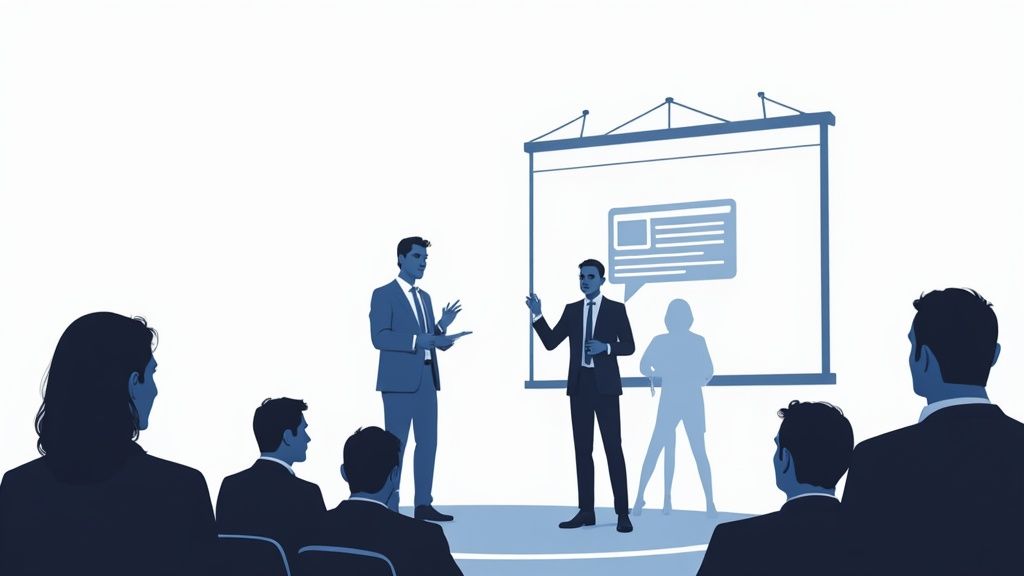 A confident founder presenting to a group of engaged investors in a modern office.