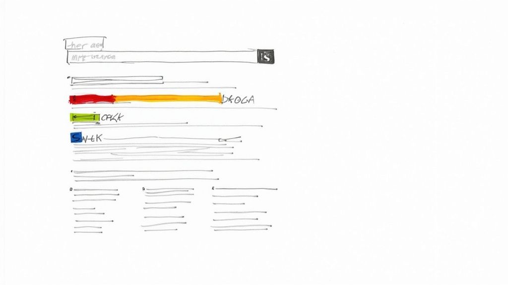 A magnifying glass hovering over a search engine results page, symbolizing the analysis of SEO visibility and share of voice.