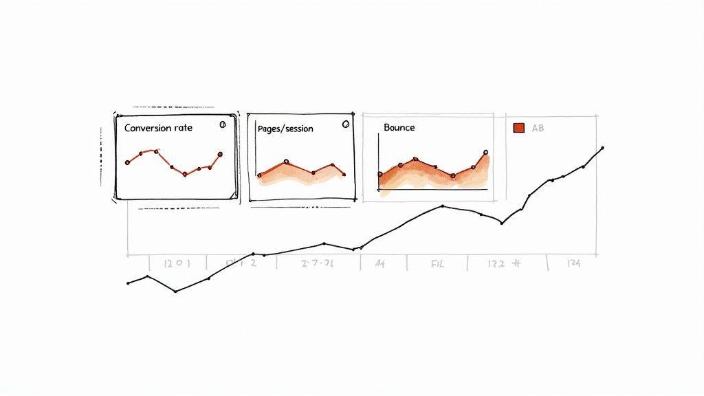 Hand-drawn analytics dashboard with line graphs showing conversion rate, pages/session, bounce, and overall growth.