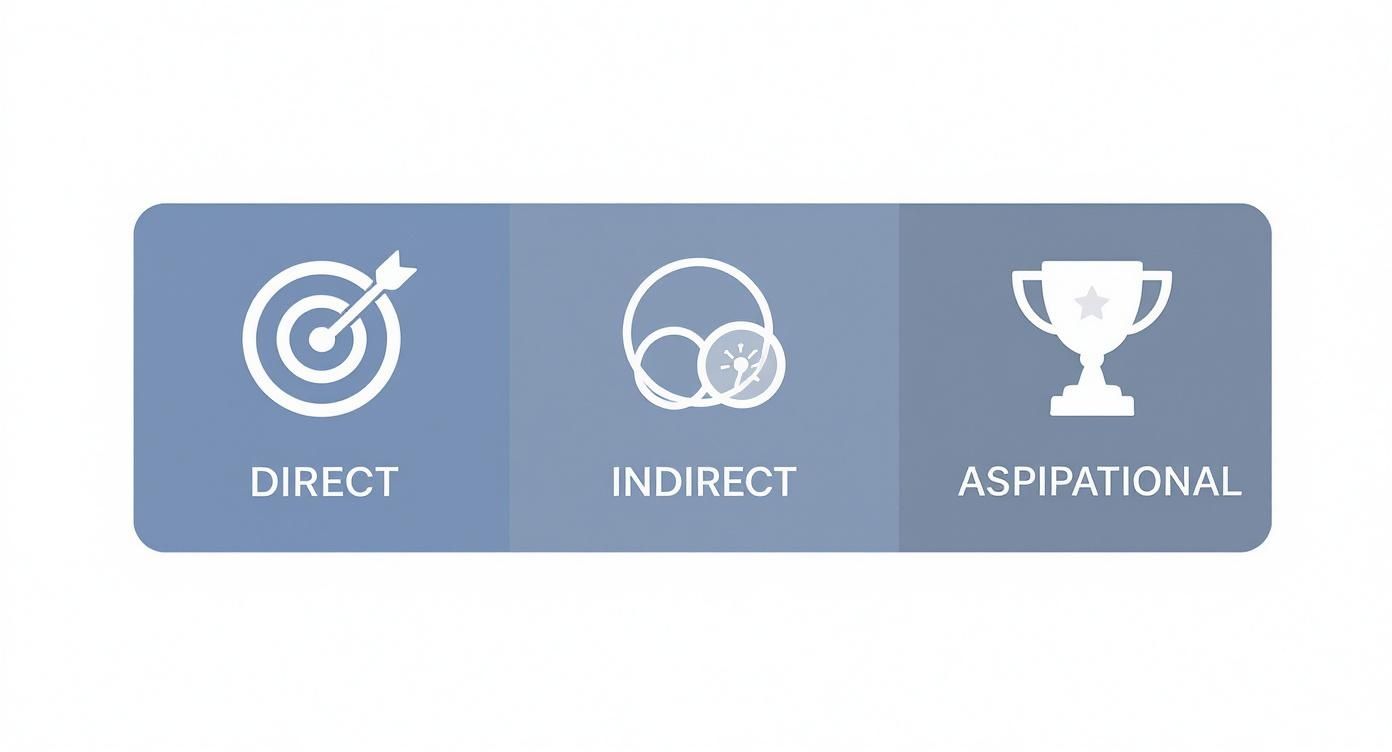Infographic showing the three types of competitors to track Direct, Indirect, and Aspirational.