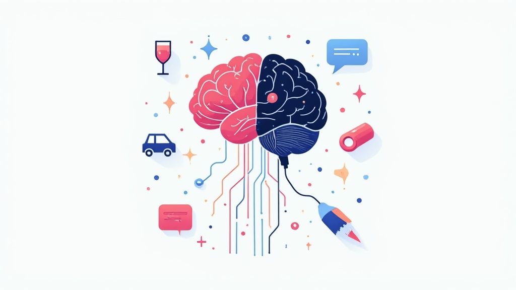 Colorful illustration of human brain with creative and analytical hemispheres surrounded by lifestyle icons