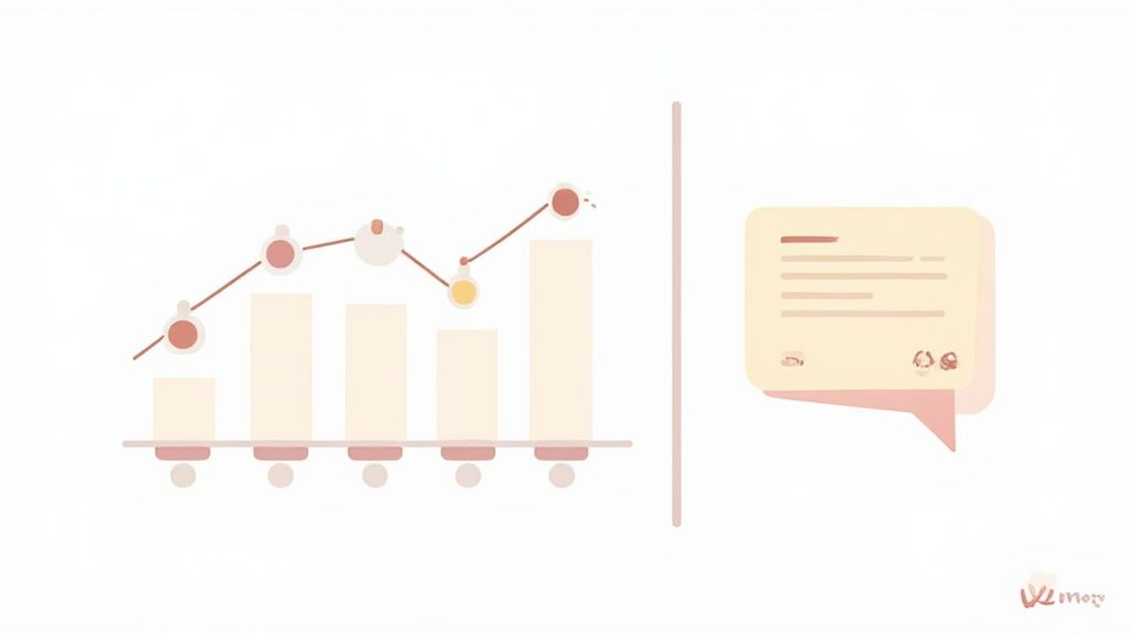 A minimalist illustration featuring a bar chart and line graph alongside a speech bubble icon with text.