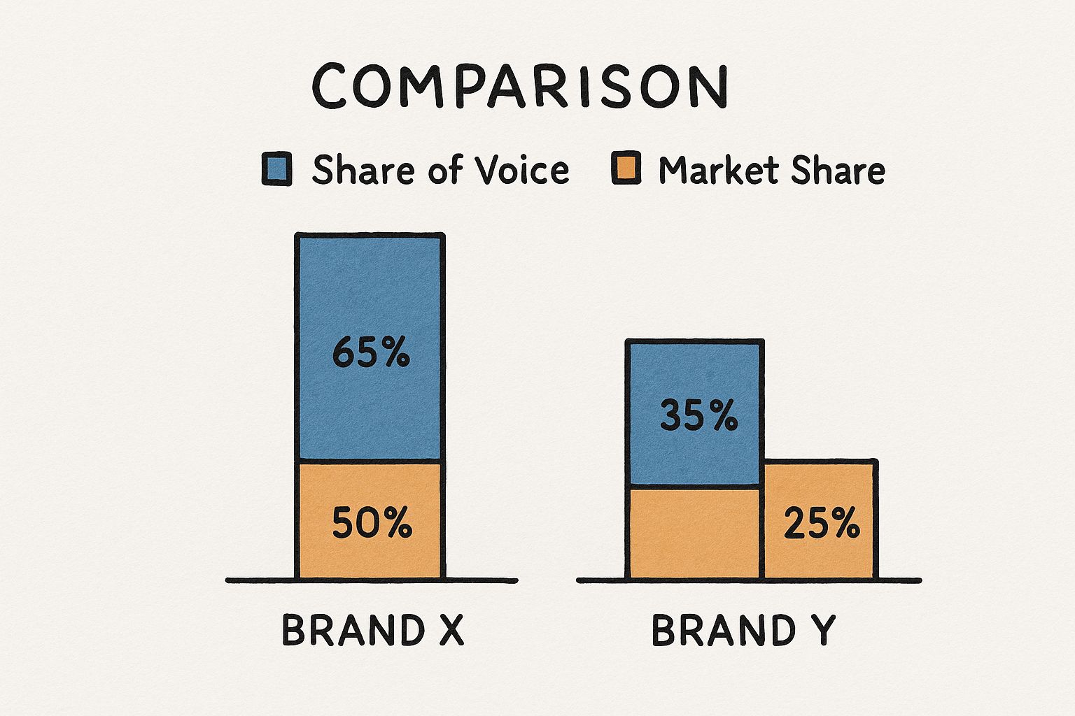 Infographic showing Brand X with a 65% share of voice and 50% market share, versus Brand Y with a 35% share of voice and 25% market share.