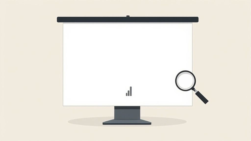 Computer monitor displaying analytics with magnifying glass icon representing data analysis and research