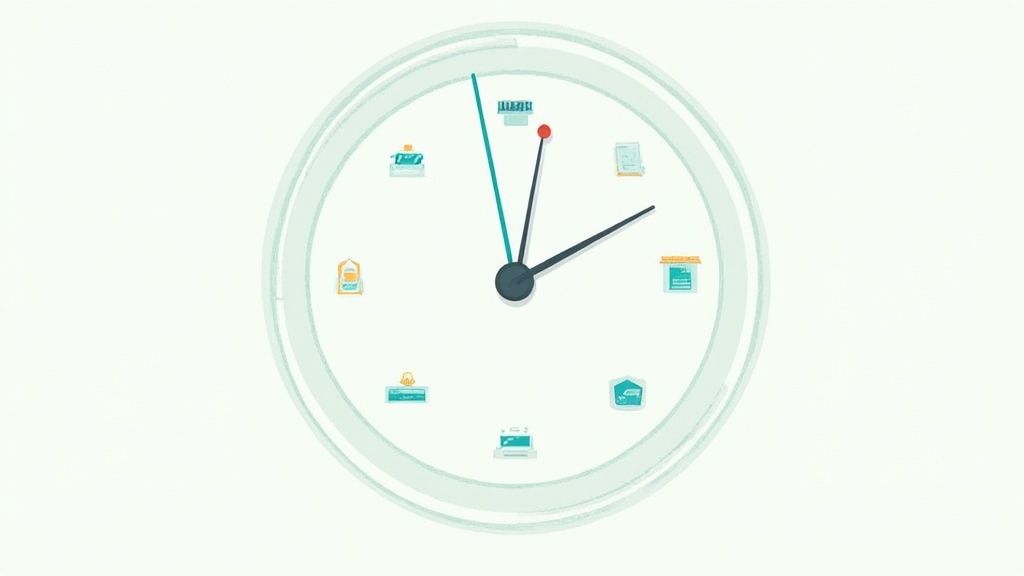 An illustration of a clock face with various digital task icons, symbolizing time management and productivity.