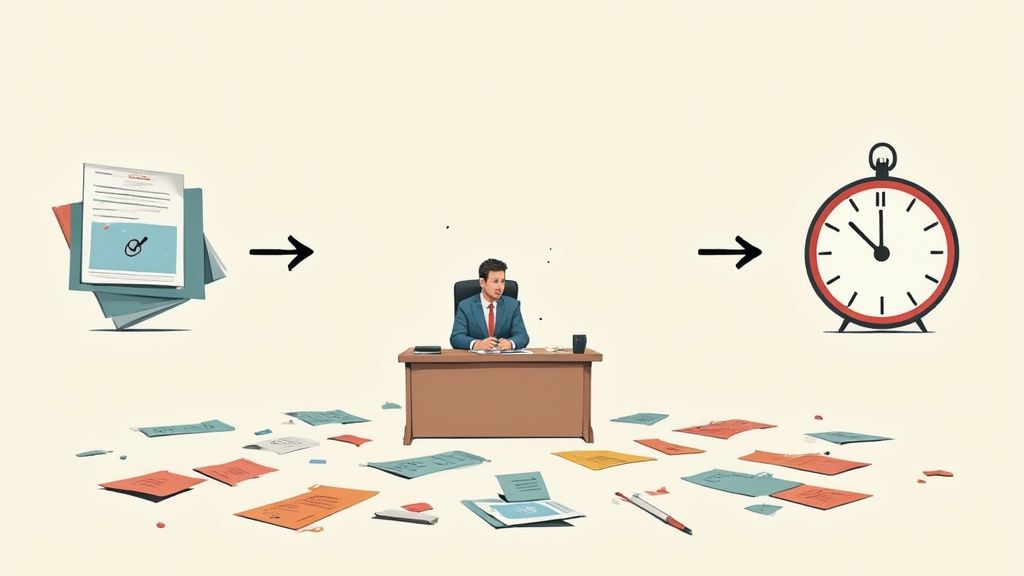 Illustration showing a workflow: a stack of documents, an employee at a desk with scattered papers, and a clock.