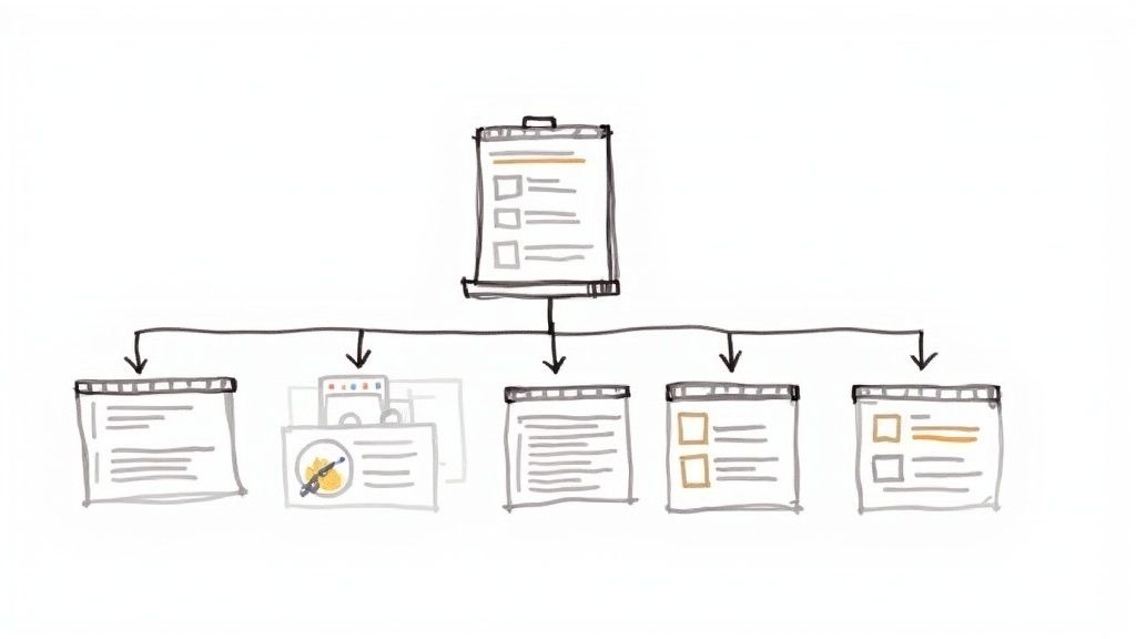 Hand-drawn flowchart showing a main checklist document branching to five diverse content pages.