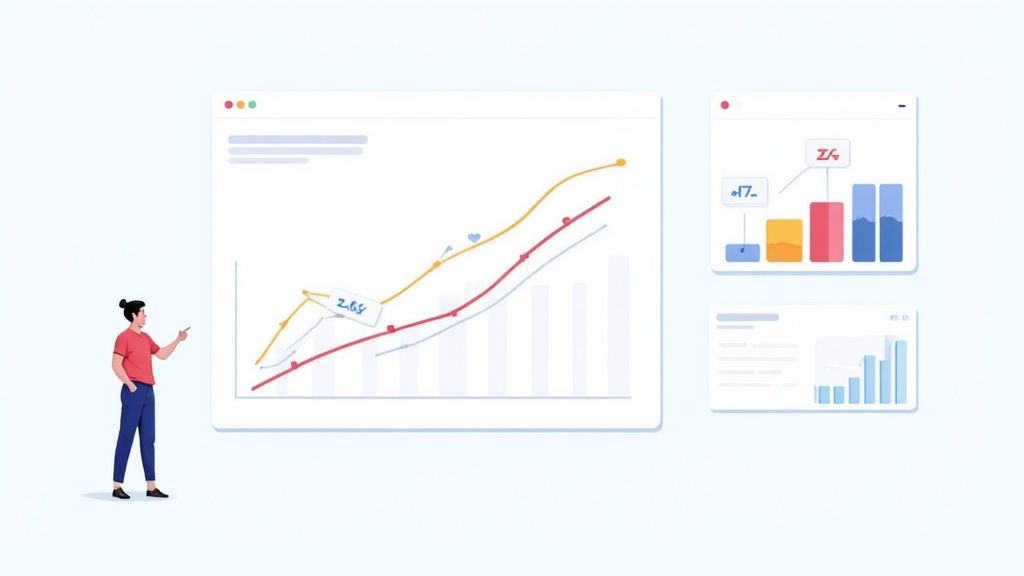 A person pointing at a screen with charts and graphs, showing business growth.
