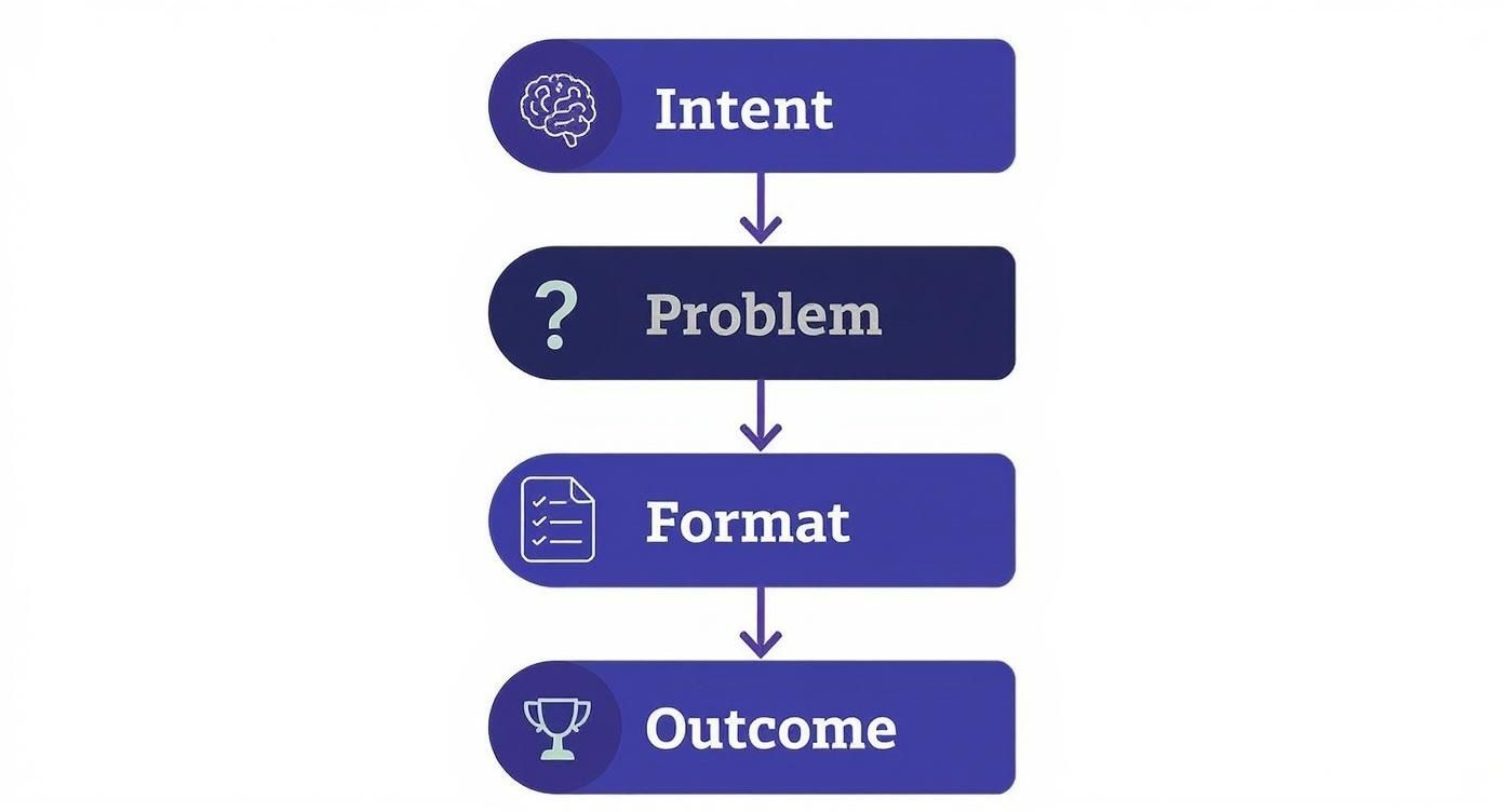 Flowchart showing four stages: Intent, Problem, Format, and Outcome with icons and arrows connecting them