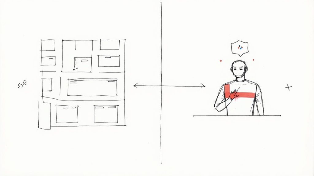 A person looking at a complex, outdated map, symbolizing old SEO tactics.